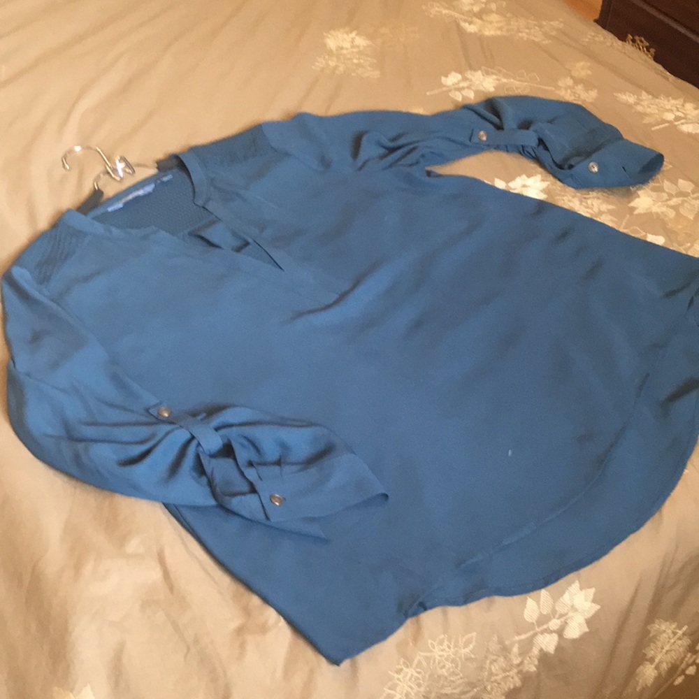 Vera Wang Relaxed Blue Mandarin Collar Blouse